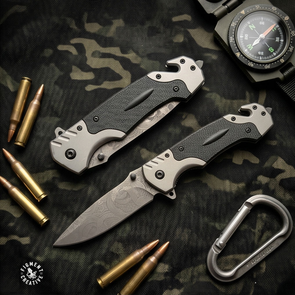 Personalized Grey EDC knife with belt cutter and glass breaker