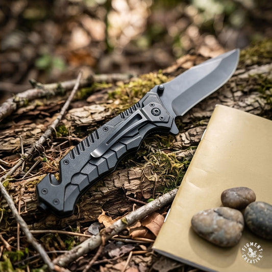 Personalized Black EDC Knife with belt cutter and glass breaker