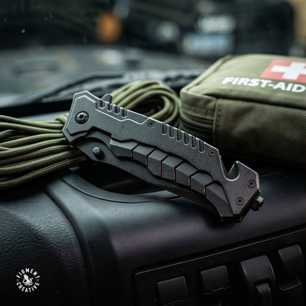 Personalized Black EDC Knife with belt cutter and glass breaker