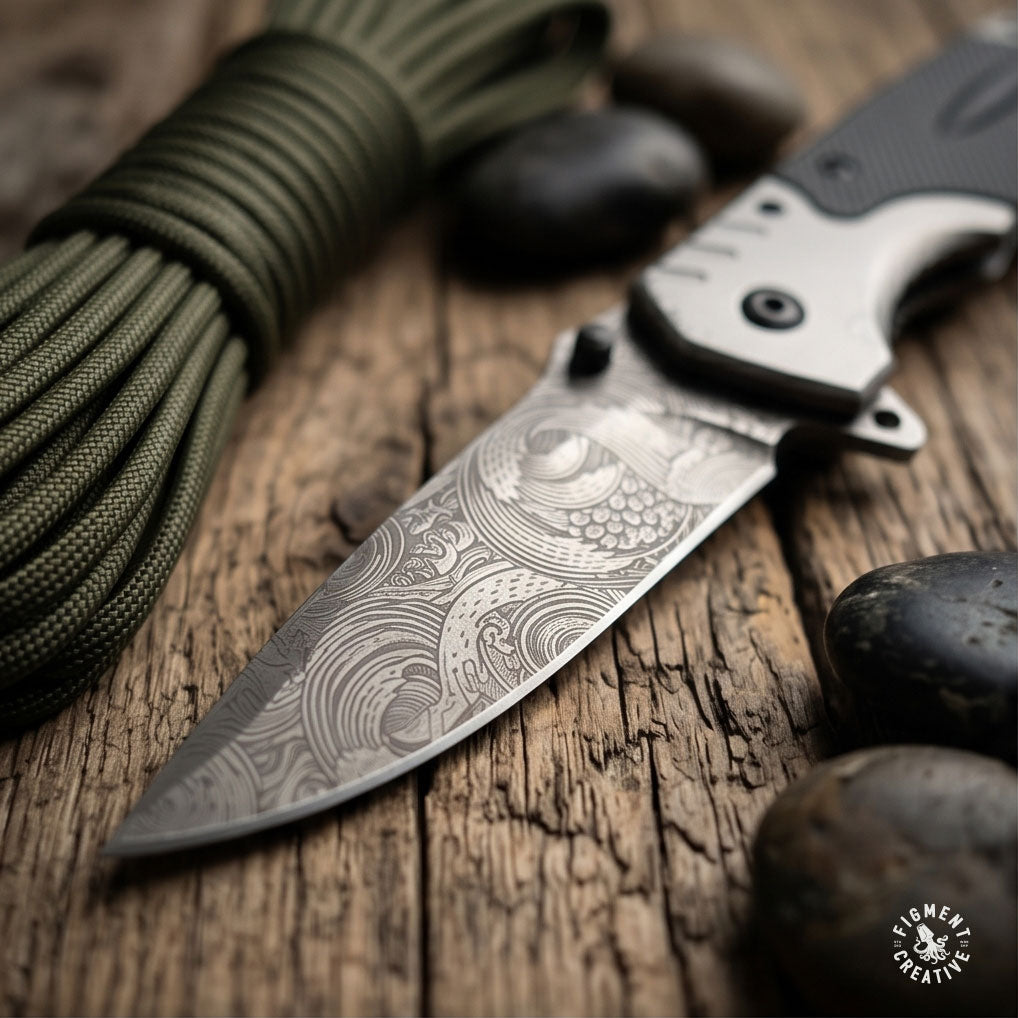 Personalized Grey EDC knife with belt cutter and glass breaker