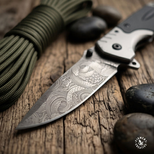 Personalized Grey EDC knife with belt cutter and glass breaker
