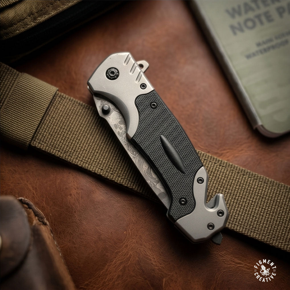 Personalized Grey EDC knife with belt cutter and glass breaker