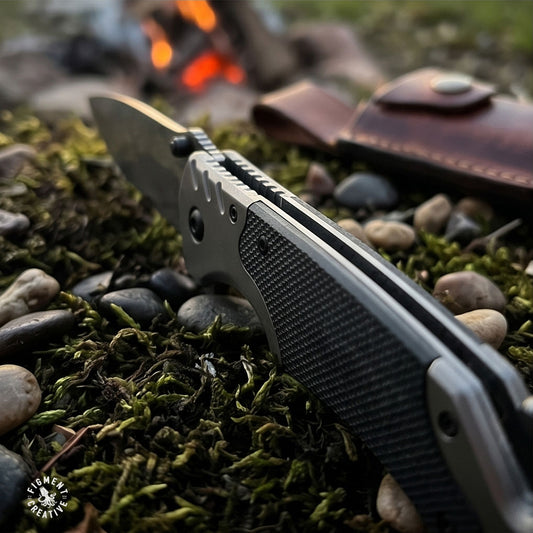 Personalized Grey EDC knife with belt cutter and glass breaker